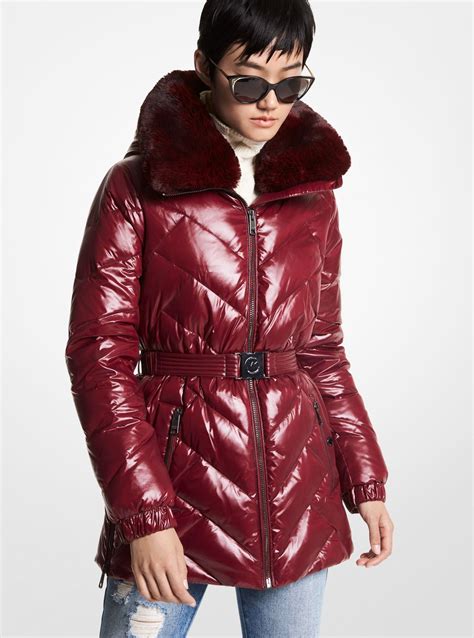 michael kors faux fur trimmed belted puffer jacket|Michael Kors quilted puffer jacket.